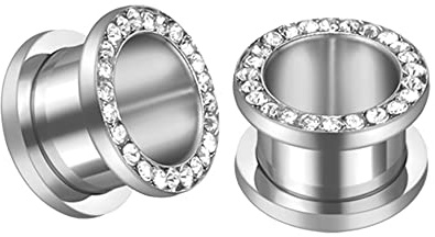 Silver Plated Crystal Rhinestones CZ Ear Tunnels Plugs Expander Gauges Stretcher Earrings Cubic Zirconia Screw Stainless Steel Fashion Piercing Body Jewelry Personalized Gifts Birthday (00g(10mm))