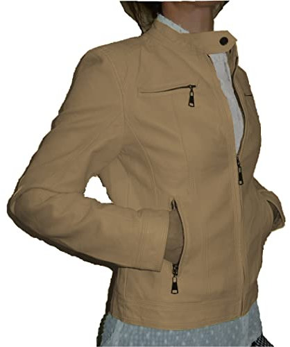 Fantasy Chiodo Giacca Giacchetto Giubbino Giubbotto Corto Slim Avvitato Aderente Finta Pelle Ecopelle Skin Donna Ragazza (L 44, Beige)