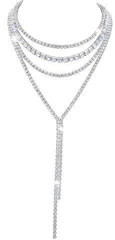 Weenkeey Lange Strass Halskette Geschichtete Strass Ketten Y Kristall Halskette Sparkly Kristall Halsbänder Kette für Frauen Mädchen - Silber