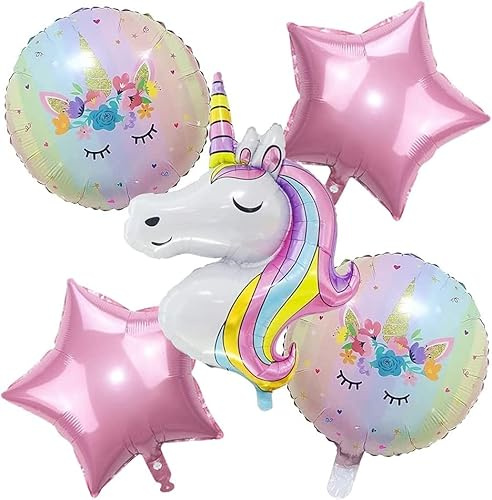 Einhorn Luftballons Geburtstag, 5 Stück Ballons für Mädchen, Deko Kindergeburtstag, Folienballon für Mädchen