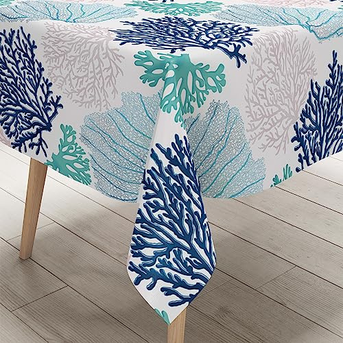 Ocean Tablecloth Coastal Nautical Rectangle Tablecloth Coral Print Ocean Themed Beach Decorative Waterproof Table Covers for Outdoor Dining Room Kitchen Living Room, 60x102 Inches, Navy/Blue/Teal/
