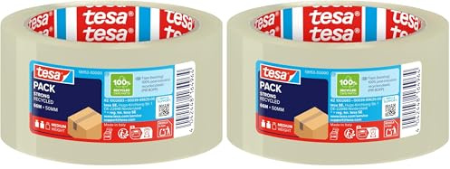 tesa tesapack Eco und Strong - Umweltschonendes Paketband aus 100 Prozent recyceltem Kunststoff, UV- und alterungsbeständig - Transparent - 66 m x 50 mm (Packung mit 2)