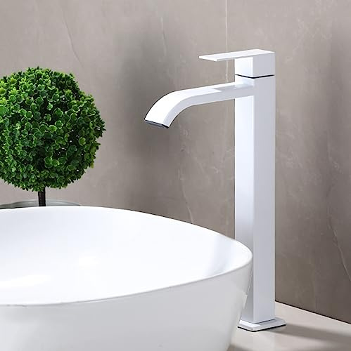Kaltwasserhahn Wasserfall Einzelgriff Armatur Aufsatzwaschbecken,Wasserhahn Bad Hoch Wasserfall,Weiss