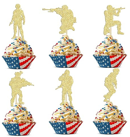 Gyufise 24Pcs Military Soldier Cupcake Toppers Glitter Military Theme Cupcake Picks for Navy Army Special Forces Veteran's Day Men Boys Birthday Party Cake Decorations Supplies Gold