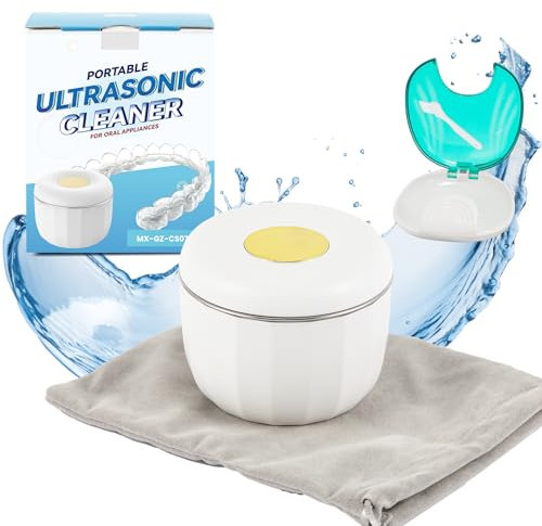 Mxmoonant Mini Macchina di Pulizia ad Ultrasuoni per Dentiere, Allineatori, Testine per Spazzolini, 80ml, 230g, 18W, Compatto e Portatile, con Porta Apparecchio Denti e Mini Spazzolino