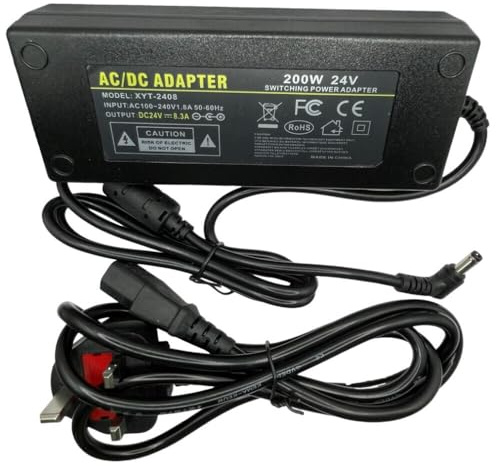 Multibao 24V 8.3A 200W Adjustable Power Supply Adapter,DC 24V Universal AC/DC Adapter, 100V-240V AC to DC Converter with 5.5x2.5mm with UK Plug Cord for LED Strip Light Laptop Speaker CCTV Camera