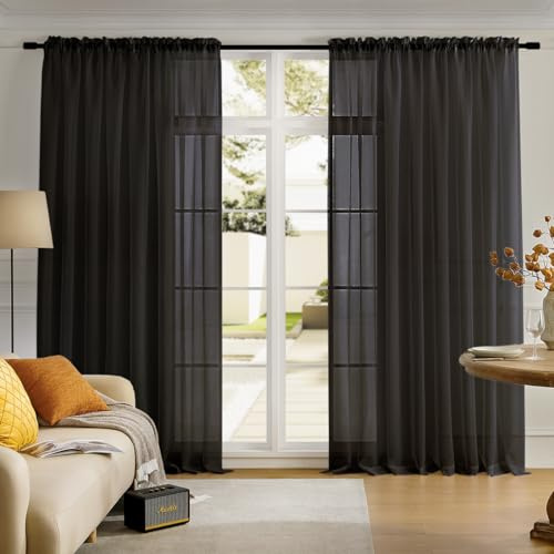 MYSTIC-HOME Vorhänge, Fensterdekoration mit Stangendurchzug, halbgeknitterte, extra breite Vorhänge für Garten, Terrasse, Villa, Salon, Schwarz/Transparent, 274 x 241 cm (B x L), 2 Stück