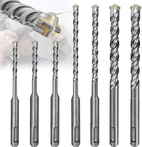 Brateuanoii SDS Plus Bohrer Set, 7 Teiliges Steinbohrer, Betonbohrer Set, Hammerbohrer-Sets, Extrem Schneller 4X-Schneide(Für Weichgestein, Harter Stein, Ø 6-12 Mm, Professional Zubehör Bohrhammer)