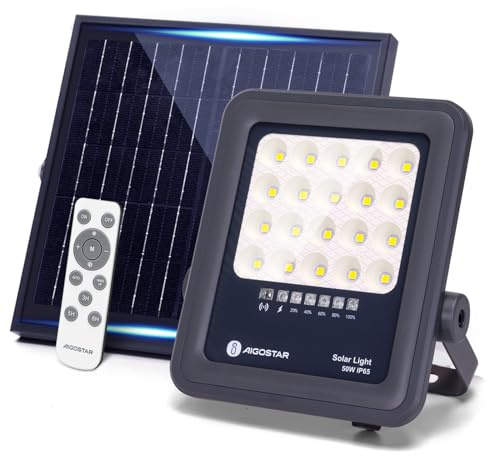 Aigostar Foco proyector LED solar con control remoto,focos solare de 50W, 500LM,luz blanca fría de 6500K,IP65 impermeable Luz solar exterior,para jardín,terrazas,caminos,garajes,cable de 2M