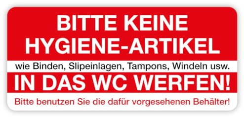 Aufkleber Hygiene „Bitte keine Hygiene-Artikel in das WC werfen!“ Varianten wählbar, Made in Germany | 8x3,6 cm, Größen Name: Aufkleber | 12 Stk. auf Bogen