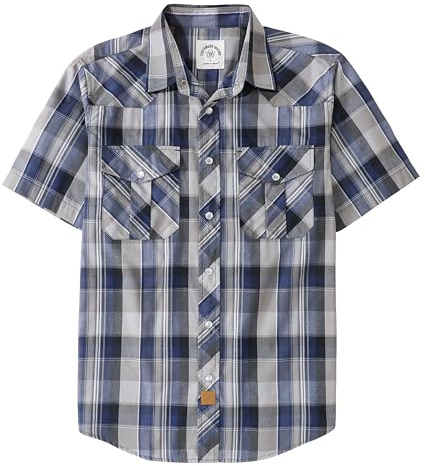 Dubinik Western tröjor för män kortärmad rutig pärla snäppa skjortor för män skjorta cowboy ledig arbetströja, Blå beige, XL