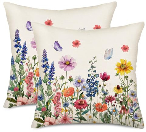 Fukeen Spring Flower Pillow Covers 24x24 Inch Set of 2 Colorful Herbs Plant Leaf Floral Daisy Butterfly Throw Pillow Covers Spring Summer Cushion Case Farmhouse Decorative Pillows for Couch Sofa