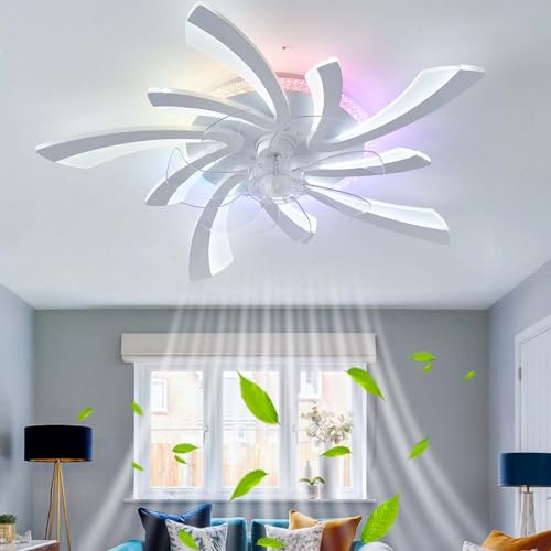 Dobecd RGB Deckenventilator Mit Beleuchtung Blume Dimmbares Weißes Timer Speicherfunktion Deckenleuchte Mit Ventilator Leise Intelligentes Deckenventilator Lampe 77cm Weiß