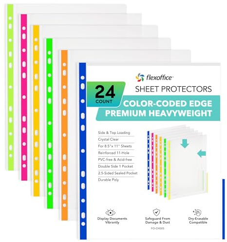 FLEXOFFICE 24 Pack, Color Edges Plastic Sheet Protectors 8.5x11, Premium Heavy Duty, Top & Side Loading, Page Protectors Sheet Reinforced 11-Hole Fit for 2/3/4 Ring Binder
