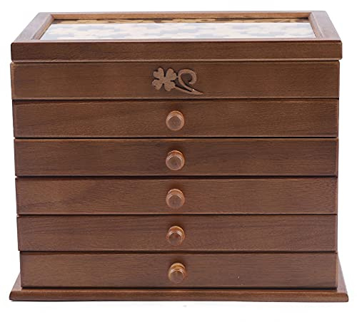 OUKANING Boîte à bijoux vintage en bois à 6 couches, avec tiroirs, charnières et poignées raffinées de qualité supérieure, autonome, cadeau (marron)