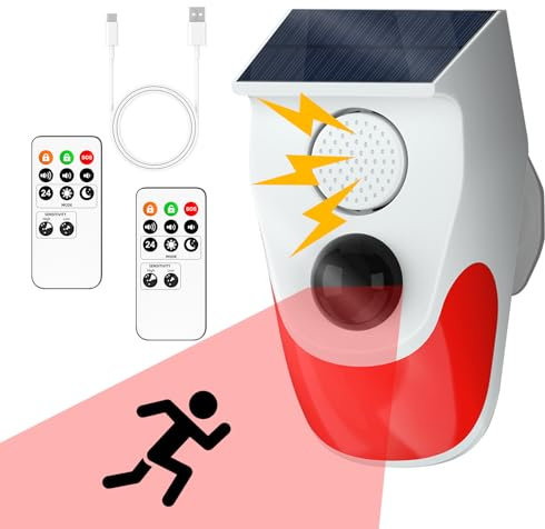 Cuteefun Solar Motion Sensor Alarm, Shed Alarm with 2 Remote Control, Wireless Infrared Motion Detectors, 120dB Volume, 3 Working Modes, Outdoor Home Alarm System for Garage, Farm, Garden, Office