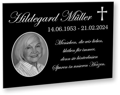 INDIGOS UG - Gedenktafel mit Bild rund - 20x15 cm - wetterfeste Grabplatte als Grabstecker - Text und Datum - Schilder selbst gestalten mit Wunschname, Trauerspruch und Datum bedruckt