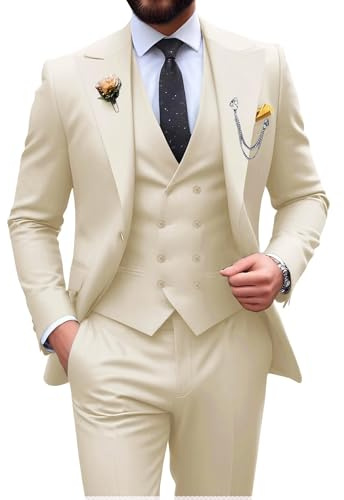Mens Suit Slim Fit 3 Piece Double Breasted Suit Men Formal Tuxedo Set Casual Wedding Prom Groom Suits, Cream, M