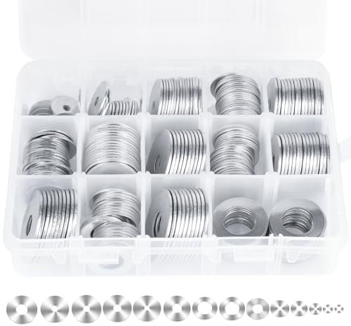 Beilagscheiben set 250 Stück, Unterlegscheiben Edelstahl Flach Sicherungsscheiben Sortiment Karosseriescheiben 16 Größen M2,M3,M4,M5,M6,M8,M10,M12 für Schrauben Muttern (Silber)