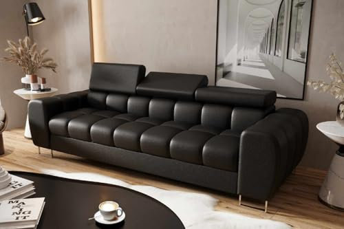 Friderik Sofa Aspen III Ledersofa 265 cm 3-Sitzer mehrstufige Kopfstützenverstellung (Schwarz)