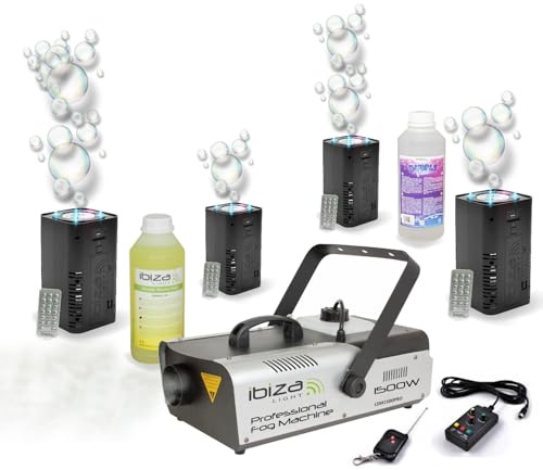 Ibiza Light - Pack Lumière Machine fumée DMX 1500W Ibiza LSM1500PRO - 4 Machines à Bulle LED BUBBLE-DREAM - Liquides inclus - Soirée Mariage DJ