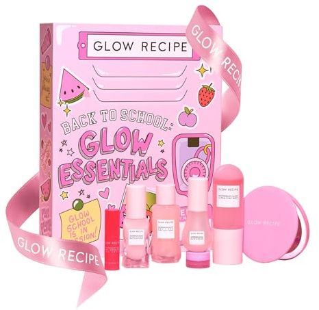 Glow Recipe Back to School Essentials Korean Skin Care Set - Watermelon Fine Mist, Dew Drops, PHA Facial Toner, Pink Juice Moisturizer, Strawberry Blur Drops, Glossy Balm & Compact Mirror (7 Count)