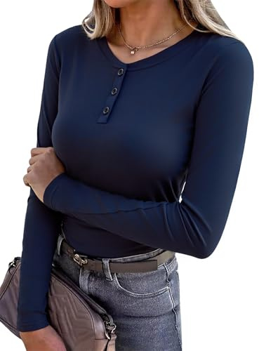 Maglia Donna con Scollo a V Maniche Lunga Maglietta Henley Blusa Basic Comoda Elegante Top Casual Aderente