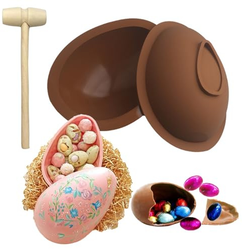2PCS Easter Egg Moulds Silicone Large 3D Breakable Easter Egg with 1 Hammer Mousse Moulds Baking Tool for Easter Decorations, Candy, Cake, Dessert Baking