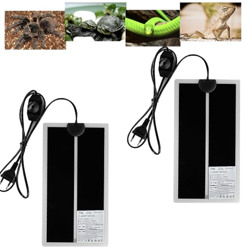 FIPASEN Terrarium Heizmatte, 2 Stück Reptil Heizmatten mit Temperaturregelung für Reptilien Schildkröten Schlangen Eidechse Gecko Einsiedlerkrebs Amphibien - Abnehmbares Heizkissen (7W, 28x15CM)