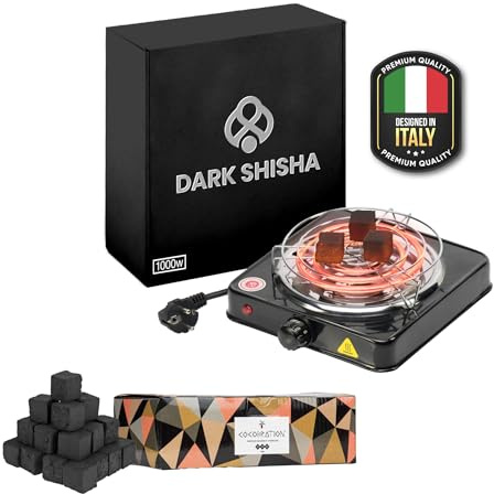 Allume-charbon Électrique Dark Shisha 1000W pour Chicha + 1 kg Charbon Cocobration 27mm | Chauffe Rapide | Grande Plaque | Thermostat Réglable