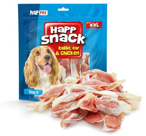 HAPPET Kaninchenohren mit Hähnchen 500 g – Hundesnack mit 65% Kaninchenohren, proteinreicher Kausnack für Zahnpflege & Belohnung, ohne künstliche Aromen, Farbstoffe oder Konservierungsstoffe