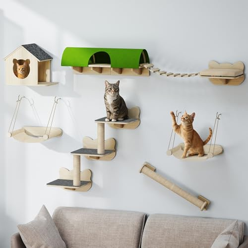 TAUS Wand-Kratzmöbel Set, Robuste Massivholz-Katzenmöbel, 7-teiliges Katzewand-Zubehör mit Katzenhaus, Hängebrücke, Katzenleiter, Hängematte und Kratzsäule für Schlafen, Spielen und Entspannen