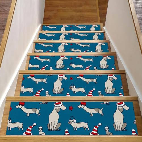 RODAILYCAY 15 gradini per scale in legno antiscivolo, 20,3 x 76,2 cm, tappeto per interni, bassotto cucciolo di cappello di Natale, tappetino di sicurezza per bambini, anziani e animali domestici