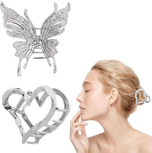 2 Stück Haarspangen Damen Schmetterlinge und Herzen, Haarklammer Groß Dickes Haar, Rutschfeste Haarklammern Metall, Gold Haarspange für Damen, Haarklammern, Hair Clip Haarkralle