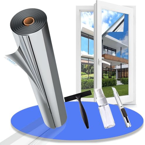 Gufoltie Hitzeschutzfolie Fenster außen & innen Sonnenschutzfolie Fenster UV Folie Spiegelfolie Fenster Sichtschutz Fensterfolie Hitzeschutz Thermofolie gegen Hitze Selbstklebende Silber 90x400cm