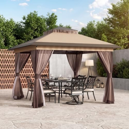 Modern Shade 3,4 x 3,4m Pop Up Pavillon mit Moskitonetz, Wasserdicht Doppeldach Stabil Faltpavillon, Höhenverstellbar Outdoor Gartenpavillon UV Schutz 50+, Partyzelt Für Camping, Garten, Hochzeit
