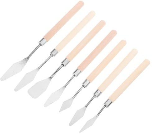 Set Spatole Pittura Olio 7 Pezzi, Acciaio Inossidabile | Strumento per Mescolare Colori su Tavolozza, Manico in Legno Naturale, per Studenti e Artisti
