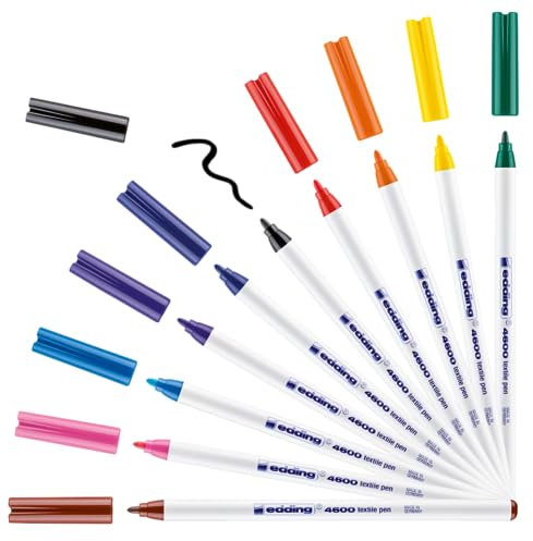 edding 4600 Textilstift - 10 Farben im Set (Basic) - Rundspitze 1 mm - Textilstifte waschmaschinenfest (60 °C) zum Stoff bemalen - Stoffmalstift