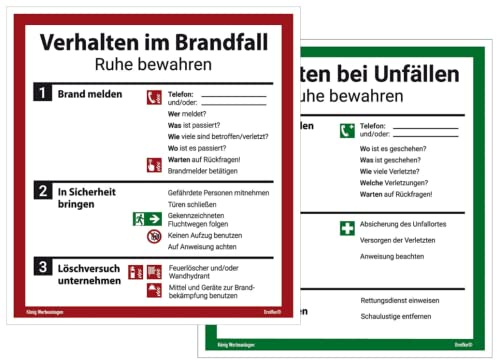 Schild Alu Verhalten im Brandfall und Verhalten bei Unfällen als Set | stabile Alu Schilder mit UV-Schutz 18 x 20 cm | ISO 7010 | Betriebsaushang Notfallplan Aushang | Dreifke®