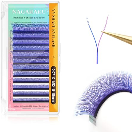 NAGARAKU YY Wimpern 4D Y Form Doppeltipps Lüfter Webart Wimpernverlängerung Vorgefächerter Fertige Fächer Weiche Licht Natürlich Wimpernfächer Volumen YY Lash Cluster Blau Lila Kreuz (0.07 C 8-15mm）