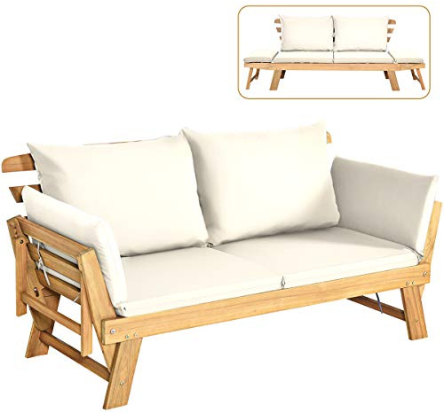 COSTWAY Trädgårdsbänk med liggfunktion, trädgårdssoffa med dynor och fällbart armstöd, balkongbänk av trä, sittbänk för trädgård, terrass och balkong, 198 x 75 x 75 cm (beige)