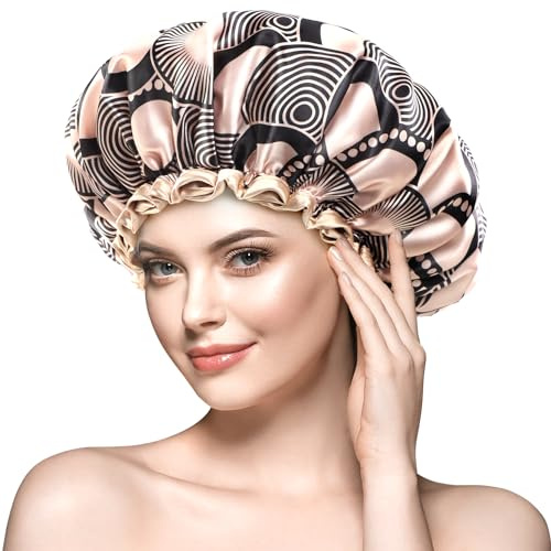mikimini Duschhaube Damen Wasserdicht, Groß, Champagner-Print, 2 Stück | Shower Cap with Elastisches Rüschenband, Wiederverwendbar, Ideal für Langes und Dickes Haar, Eleganter Hauch von Luxus