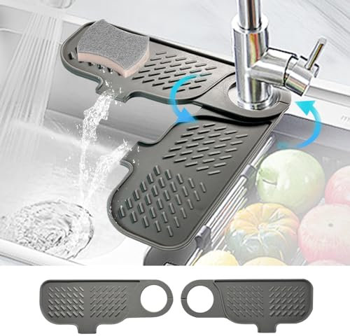 Daily Treasures 2-Pack Rotatable Silicone Sink Splash Guard Kit (24.7x10cm & 42x10cm)| Flexible 360° Faucet Mat Set for Kitchen Sink | Water Catcher & Tap Drain Pad with Non-Slip Design (Grey)
