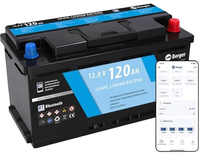 BERGER LiFePO4 120Ah 12V Lithium Batterie mit Bluetooth | 1536Wh Lithiumbatterie ideal für Wohnmobil, Wohnwagen, Camper, Boot & Solaranlage | Autarke Stromversorgung & zuverlässige Leistung