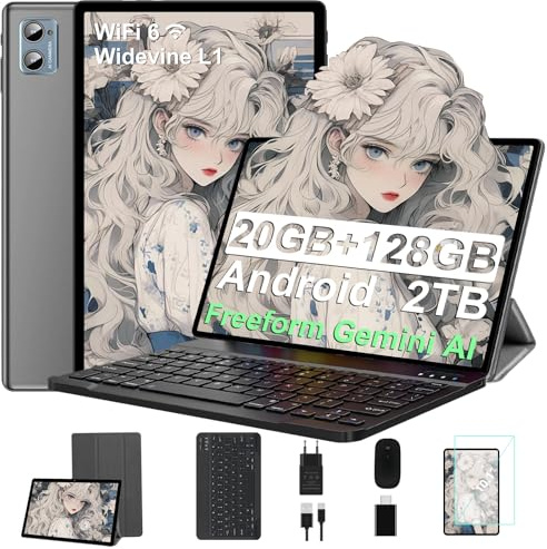 SUAAT 2025 Tablet 10 Zoll mit Widevine L1, Android, 20GB RAM+128GB ROM(TF 1TB), Octa-Core 1.8GHz,WiFi 6, 6000mAh, Bluetooth 5.0, 1280 * 800, 8MP+5MP,mit Tastatur und Maus,Grau