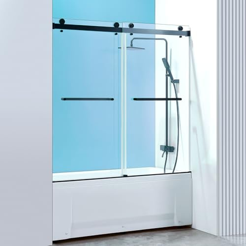 YTTSOYTS 56-60 W x 60 H Frameless Double Sliding Tub Door Bathtub Shower Door, Frameless Tub Door with 5/16 (8mm) Clear SGCC Tempered Glass, Stainless Steel Hardware (60x60 Matte Black)