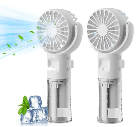 Xevinas Handventilator Mit Wasser | Tragbarer Handventilator USB Wiederaufladbar | Hand Fan Mit 4 Geschwindigkeiten | 800 MAh Powerbank Batteriebetrieben Max 12 Hrs Runtime Taschenventilator (Weiß*2)