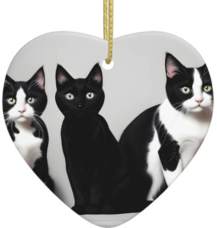 BROLEO Weihnachtlicher Keramik-Herz-Anhänger – für Feiertagspartys und Festivals – goldenes Drahtseil inklusive schwarz-weißen Katzen-Drucken