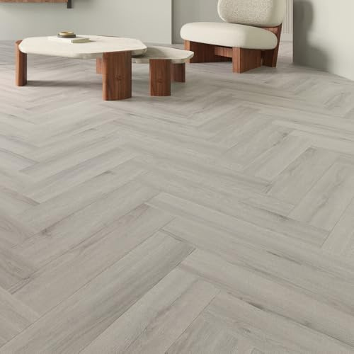 SPC Rigid Plank Flooring Oxford Light Grey Herringbone - Underlay Already Installed - Grey Herringbone Effect - Luxury Quality - Click Installation - Sold Per 2.22m2 Pack