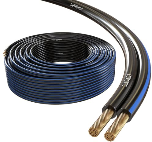 Lumonic Cavi per altoparlanti | 50m Nero | 2x 1,5mm² CCA | Marcatura blu Cavo per diffusori HiFi | Linea audio doppia
